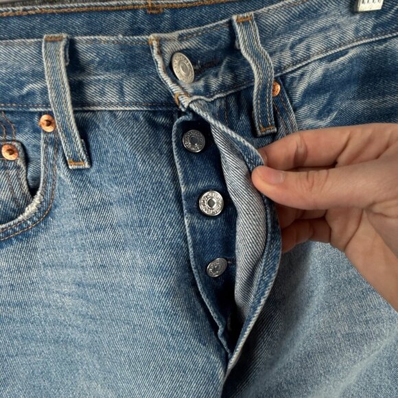 Levis Premium 501s Jeans Blue Denim Distressed Button Fly Women Straight Crop - Picture 9 of 16